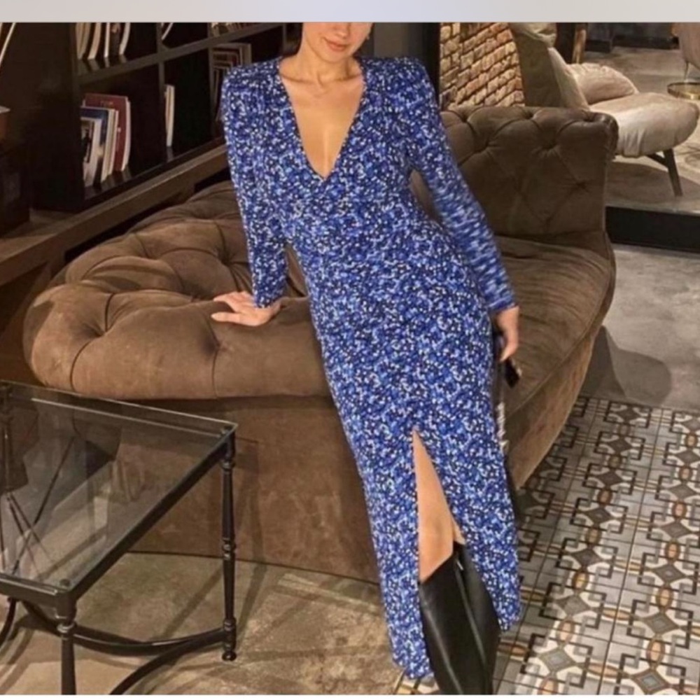 Zara Blue Floral V-Neck Long Sleeve Maxi Dress with Side Slit